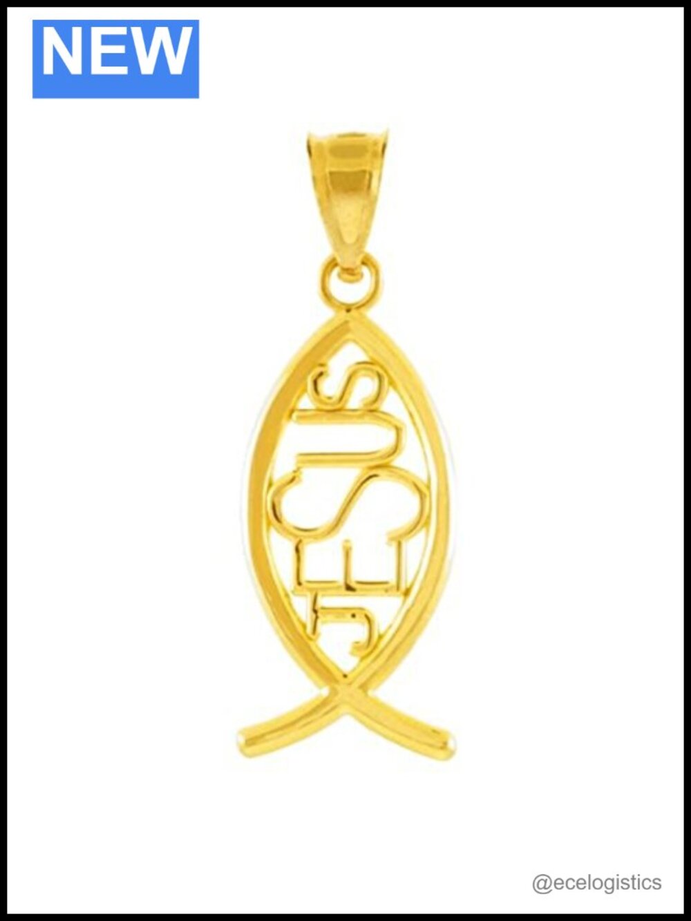 14K Yellow Gold Ichthus Jesus Inscribed Pendant Necklace